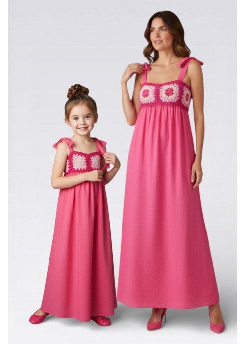 ANNE KIZ KOMBİN PEMBE EL ÖRGÜSÜ YAZLIK ELBİSE