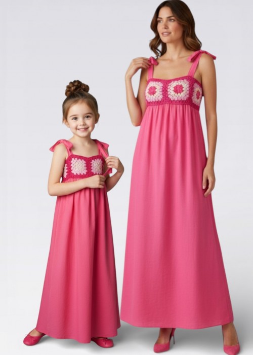 ANNE KIZ KOMBİN PEMBE EL ÖRGÜSÜ YAZLIK ELBİSE