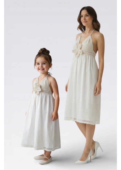 ANNE KIZ KOMBİN EKRU RENK  EL ÖRGÜSÜ YAZLIK ELBİSE