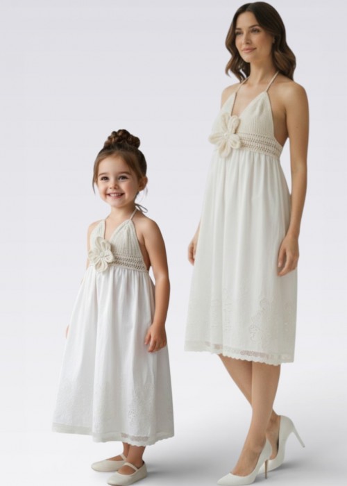 ANNE KIZ KOMBİN EKRU RENK  EL ÖRGÜSÜ YAZLIK ELBİSE