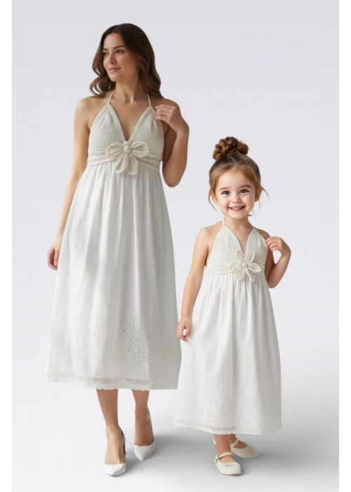 ANNE KIZ KOMBİN EKRU RENK  EL ÖRGÜSÜ YAZLIK ELBİSE