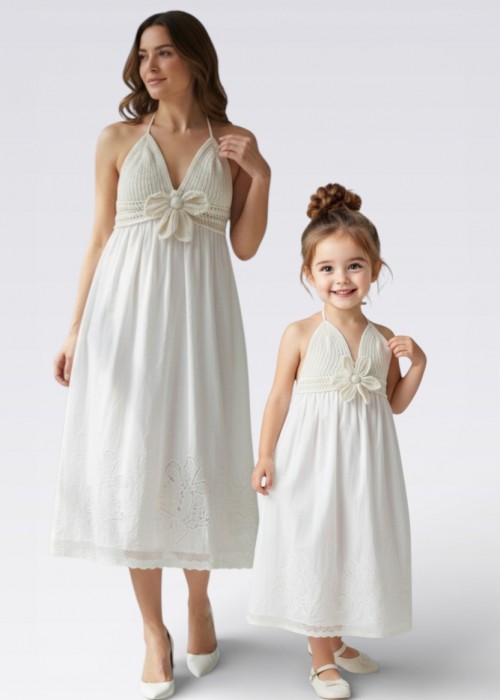 ANNE KIZ KOMBİN EKRU RENK  EL ÖRGÜSÜ YAZLIK ELBİSE