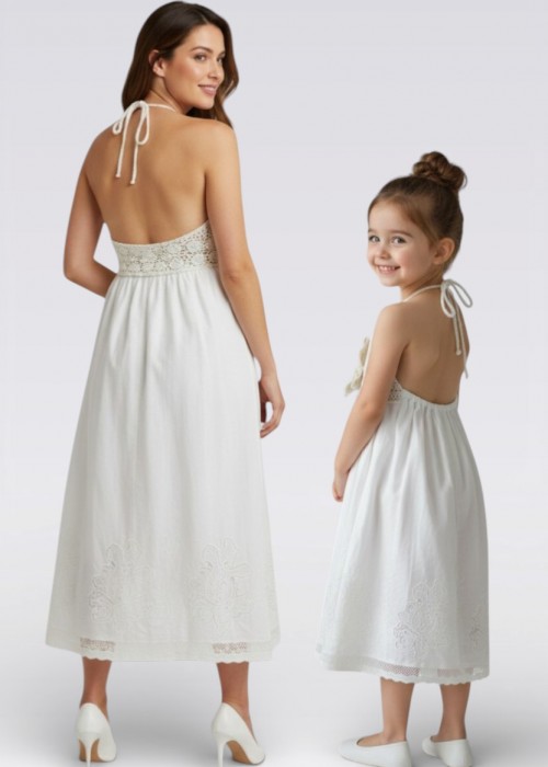 ANNE KIZ KOMBİN EKRU RENK  EL ÖRGÜSÜ YAZLIK ELBİSE