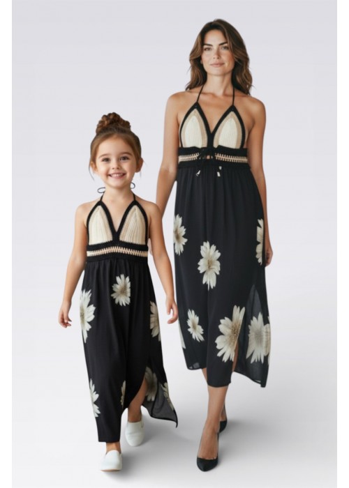 ANNE KIZ KOMBİN KREM SİYAH EL ÖRGÜSÜ  YAZLIK  ELBİSE