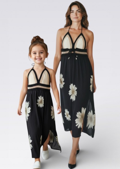 ANNE KIZ KOMBİN KREM SİYAH EL ÖRGÜSÜ  YAZLIK  ELBİSE