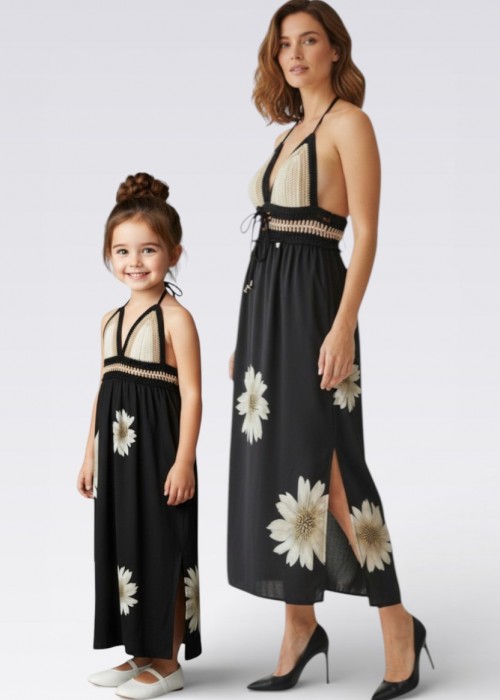 ANNE KIZ KOMBİN KREM SİYAH EL ÖRGÜSÜ  YAZLIK  ELBİSE