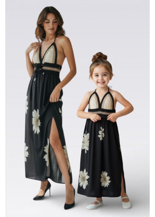 ANNE KIZ KOMBİN KREM SİYAH EL ÖRGÜSÜ  YAZLIK  ELBİSE