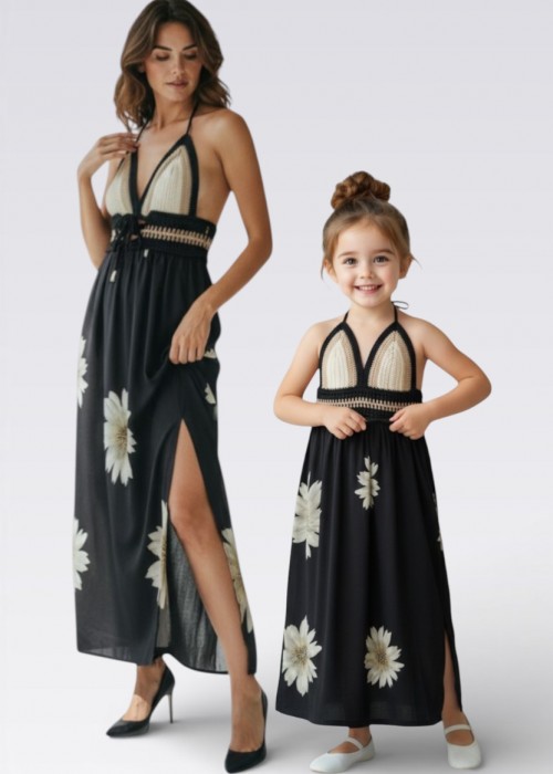 ANNE KIZ KOMBİN KREM SİYAH EL ÖRGÜSÜ  YAZLIK  ELBİSE