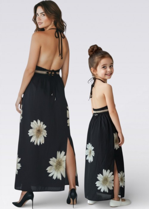 ANNE KIZ KOMBİN KREM SİYAH EL ÖRGÜSÜ  YAZLIK  ELBİSE