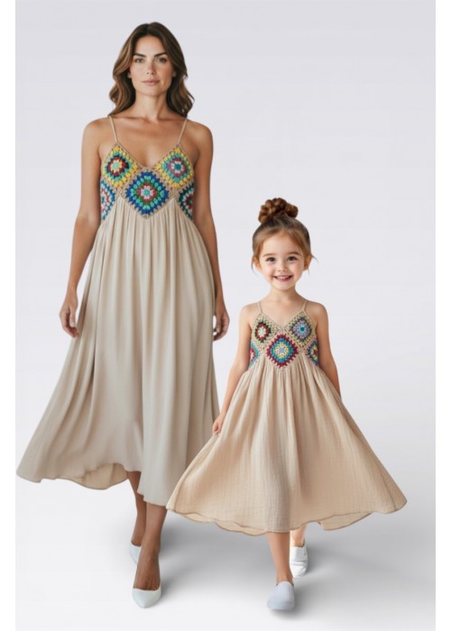 ANNE KIZ KOMBİN KREM RENGİ ÖRGÜ YAZLIK ELBİSE