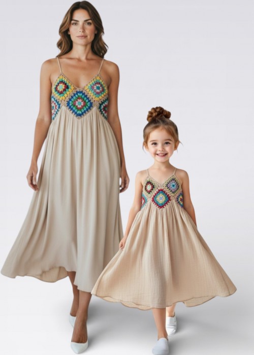 ANNE KIZ KOMBİN KREM RENGİ ÖRGÜ YAZLIK ELBİSE