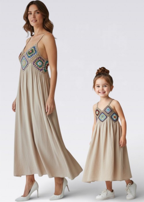 ANNE KIZ KOMBİN KREM RENGİ ÖRGÜ YAZLIK ELBİSE