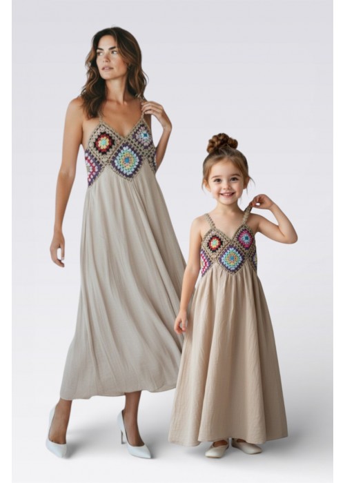 ANNE KIZ KOMBİN KREM RENGİ ÖRGÜ YAZLIK ELBİSE