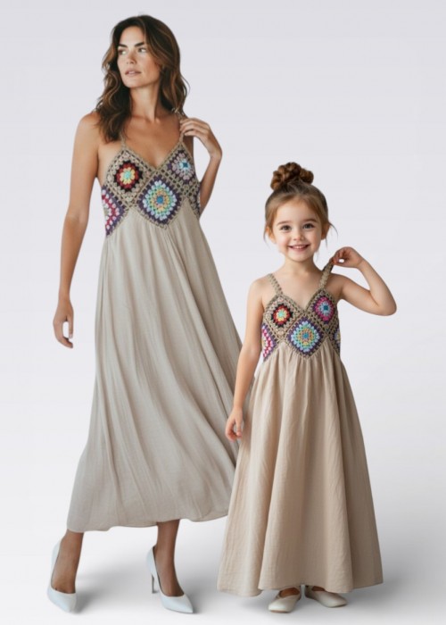 ANNE KIZ KOMBİN KREM RENGİ ÖRGÜ YAZLIK ELBİSE