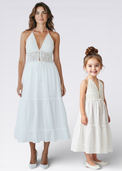 ANNE-KIZ KOMBİN BEYAZ  ÖRGÜ YAZLIK ELBİSE 