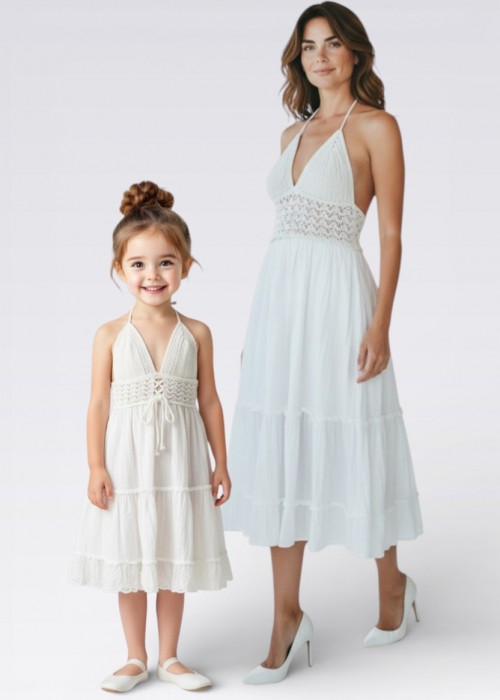 ANNE-KIZ KOMBİN BEYAZ  ÖRGÜ YAZLIK ELBİSE 