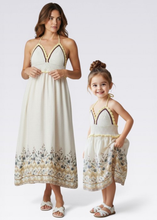 ANNE KIZ KOMBİN KREM BORDO YAZLIK ÖRGÜ ELBİSE