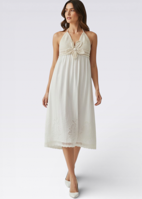 ANNE KIZ KOMBİN EKRU RENK  EL ÖRGÜSÜ YAZLIK ELBİSE