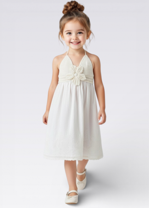 ANNE KIZ KOMBİN EKRU RENK  EL ÖRGÜSÜ YAZLIK ELBİSE