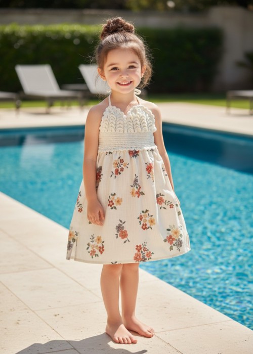 ANNE KIZ KOMBİN KREM ÇİÇEK DESENLİ EL ÖRGÜSÜ YAZLIK ELBİSE