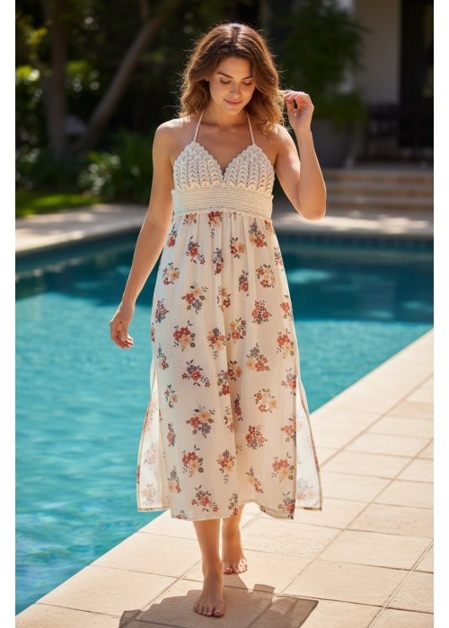 ANNE KIZ KOMBİN KREM ÇİÇEK DESENLİ EL ÖRGÜSÜ YAZLIK ELBİSE
