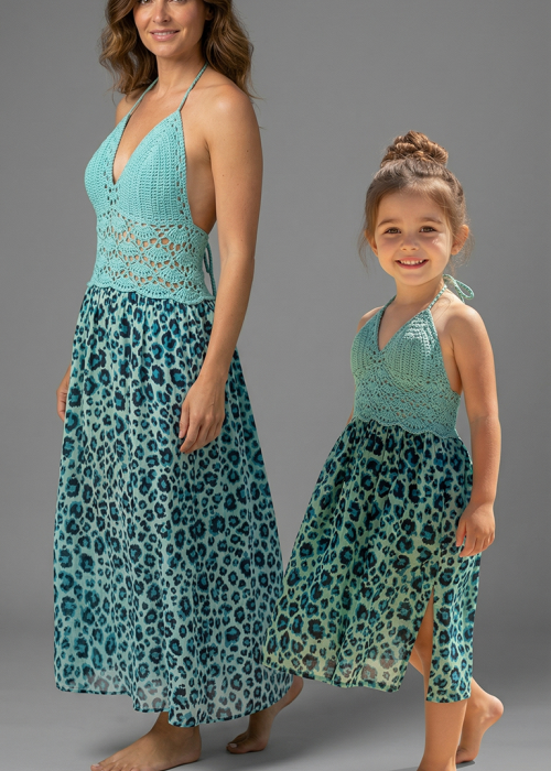 ANNE KIZ KOMBİN MİNT YEŞİLİ EL ÖRGÜSÜ YAZLIK ELBİSE