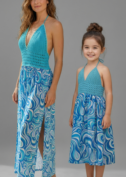 ANNE KIZ KOMBİN MAVİ YEŞİL  EL ÖRGÜSÜ YAZLIK ELBİSE