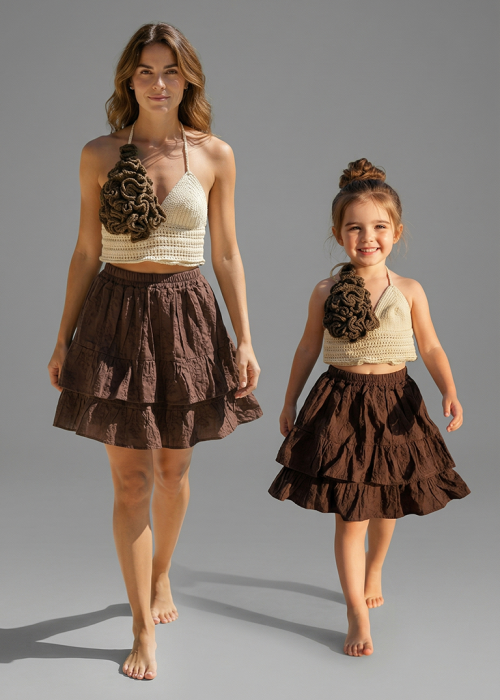 ANNE KIZ KOMBİN KREM KAHVE  EL ÖRGÜSÜ YAZLIK ETEK BLUZ TAKIM