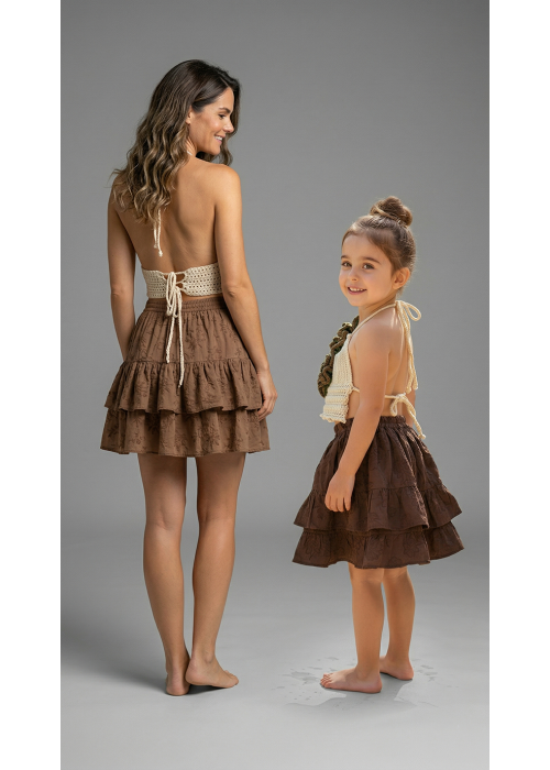 ANNE KIZ KOMBİN KREM KAHVE  EL ÖRGÜSÜ YAZLIK ETEK BLUZ TAKIM