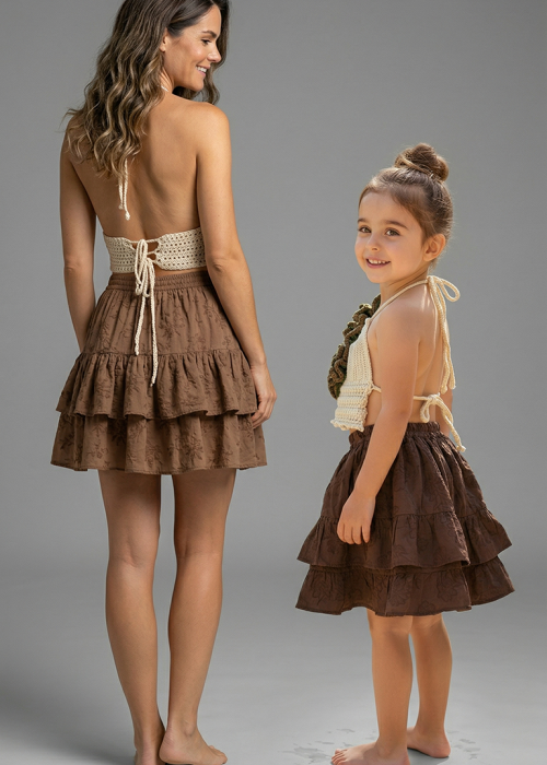 ANNE KIZ KOMBİN KREM KAHVE  EL ÖRGÜSÜ YAZLIK ETEK BLUZ TAKIM