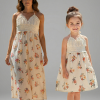 ANNE KIZ KOMBİN KREM ÇİÇEK DESENLİ EL ÖRGÜSÜ YAZLIK ELBİSE