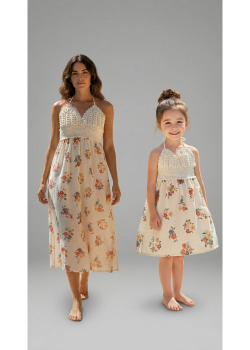 ANNE KIZ KOMBİN KREM ÇİÇEK DESENLİ EL ÖRGÜSÜ YAZLIK ELBİSE