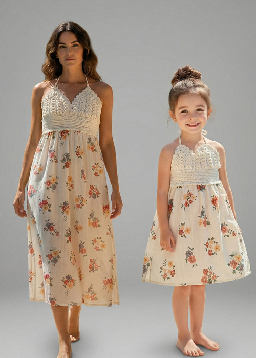 ANNE KIZ KOMBİN KREM ÇİÇEK DESENLİ EL ÖRGÜSÜ YAZLIK ELBİSE