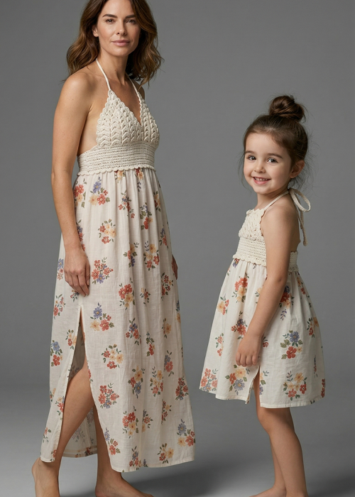 ANNE KIZ KOMBİN KREM ÇİÇEK DESENLİ EL ÖRGÜSÜ YAZLIK ELBİSE