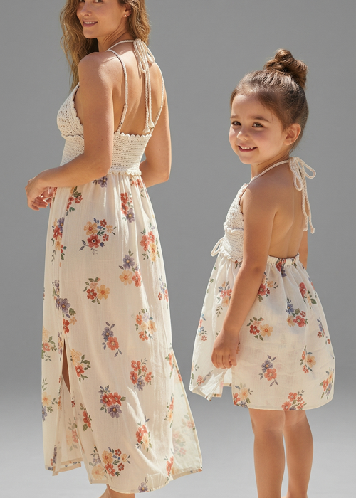 ANNE KIZ KOMBİN KREM ÇİÇEK DESENLİ EL ÖRGÜSÜ YAZLIK ELBİSE