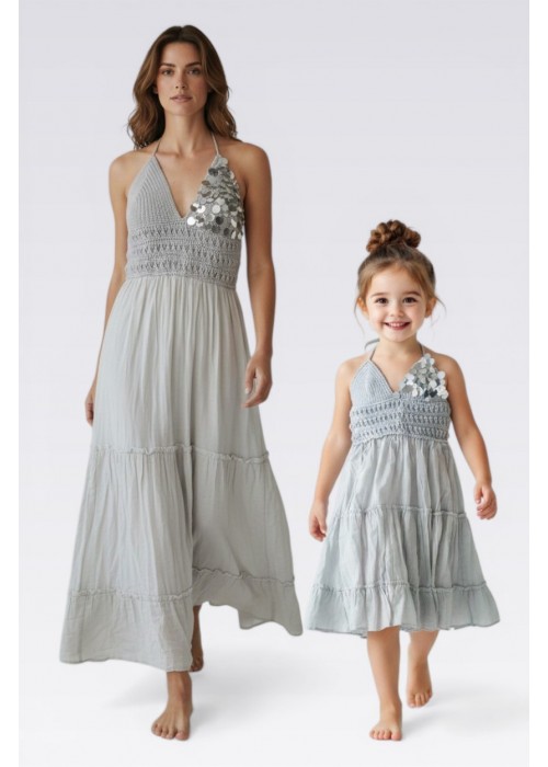 ANNE KIZ KOMBİN GRİ PUL DETAYLI EL ÖRGÜSÜ YAZLIK ELBİSE