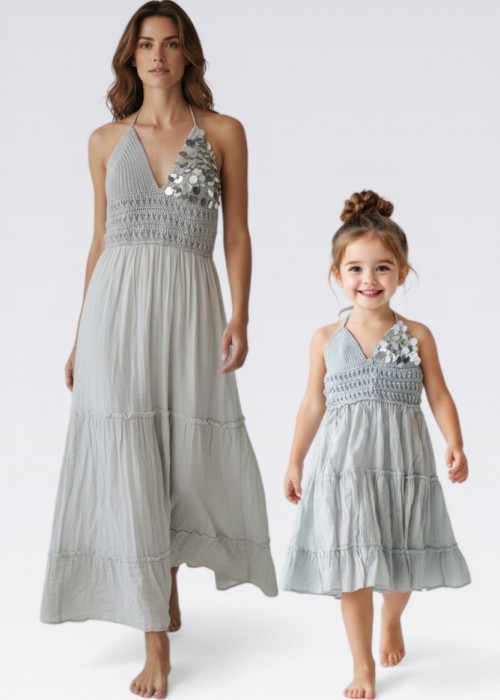 ANNE KIZ KOMBİN GRİ PUL DETAYLI EL ÖRGÜSÜ YAZLIK ELBİSE