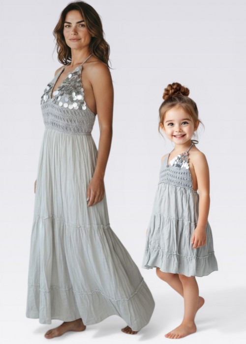 ANNE KIZ KOMBİN GRİ PUL DETAYLI EL ÖRGÜSÜ YAZLIK ELBİSE