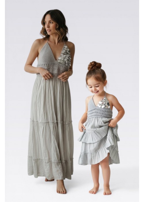 ANNE KIZ KOMBİN GRİ PUL DETAYLI EL ÖRGÜSÜ YAZLIK ELBİSE