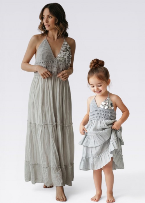 ANNE KIZ KOMBİN GRİ PUL DETAYLI EL ÖRGÜSÜ YAZLIK ELBİSE