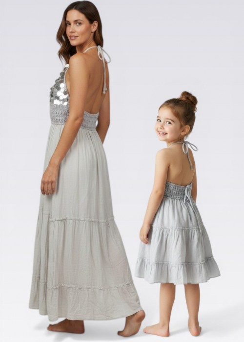 ANNE KIZ KOMBİN GRİ PUL DETAYLI EL ÖRGÜSÜ YAZLIK ELBİSE