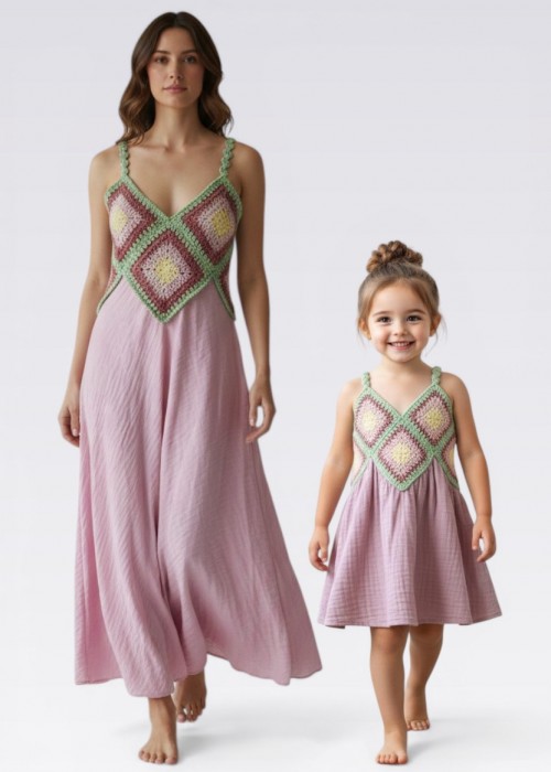 ANNE KIZ KOMBİN AÇIK PEMBE EL ÖRGÜSÜ YAZLIK ELBİSE