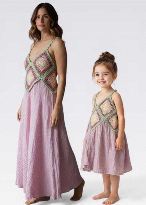 ANNE KIZ KOMBİN AÇIK PEMBE EL ÖRGÜSÜ YAZLIK ELBİSE