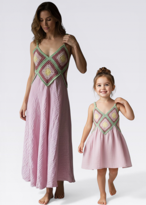 ANNE KIZ KOMBİN PEMBE EL ÖRGÜSÜ YAZLIK ELBİSE