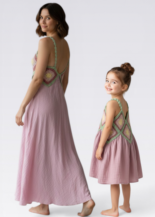 ANNE KIZ KOMBİN PEMBE EL ÖRGÜSÜ YAZLIK ELBİSE