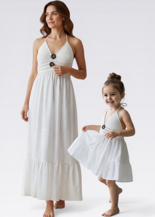 ANNE KIZ KOMBİN BEYAZ DÜĞME DETAYLI EL ÖRGÜSÜ YAZLIK ELBİSE