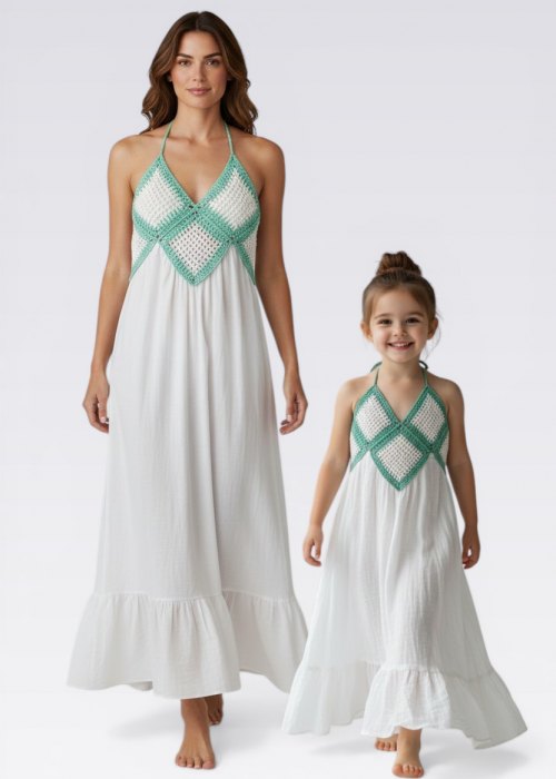 ANNE KIZ KOMBİN BEYAZ MİNT YEŞİLİ EL ÖRGÜSÜ YAZLIK ELBİSE