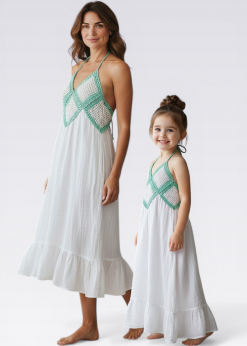 ANNE KIZ KOMBİN BEYAZ MİNT YEŞİLİ EL ÖRGÜSÜ YAZLIK ELBİSE