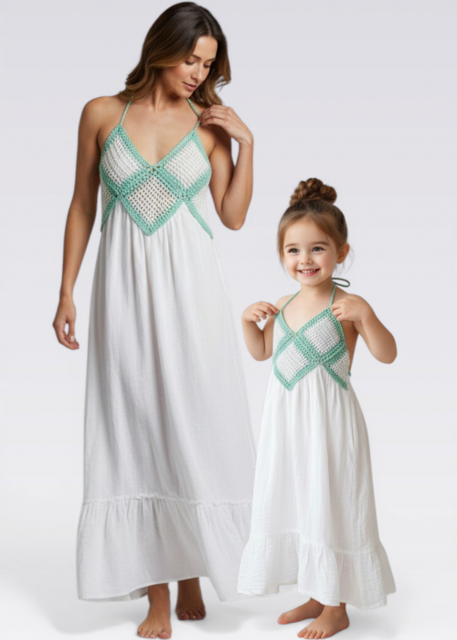 ANNE KIZ KOMBİN BEYAZ MİNT YEŞİLİ EL ÖRGÜSÜ YAZLIK ELBİSE