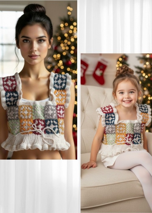 ANNE KIZ KOMBİN YAZLIK EL ÖRGÜSÜĞ BEYAZ ,RENKLİ MOTİFLİ BLUZ